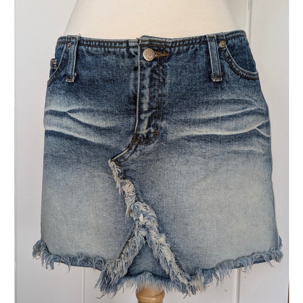 Y2K‎ Mudd Distressed Denim Mini Skirt Frayed Hem Low Rise Blue Size